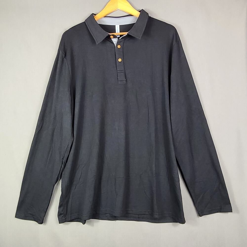 NWT Pegeno Black 1/4 Button Long Sleeve Polo Shirt Basic Casual Mens Size XL